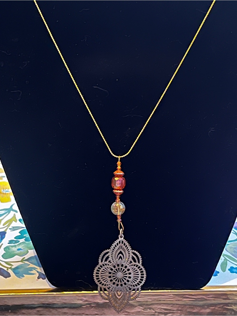 Gold-Tone Necklace with Amber Beads and Filigree Pendant
